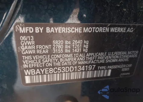 2013 BMW 750Li from USA, damaged, VIN WBAYE8C53DD134197